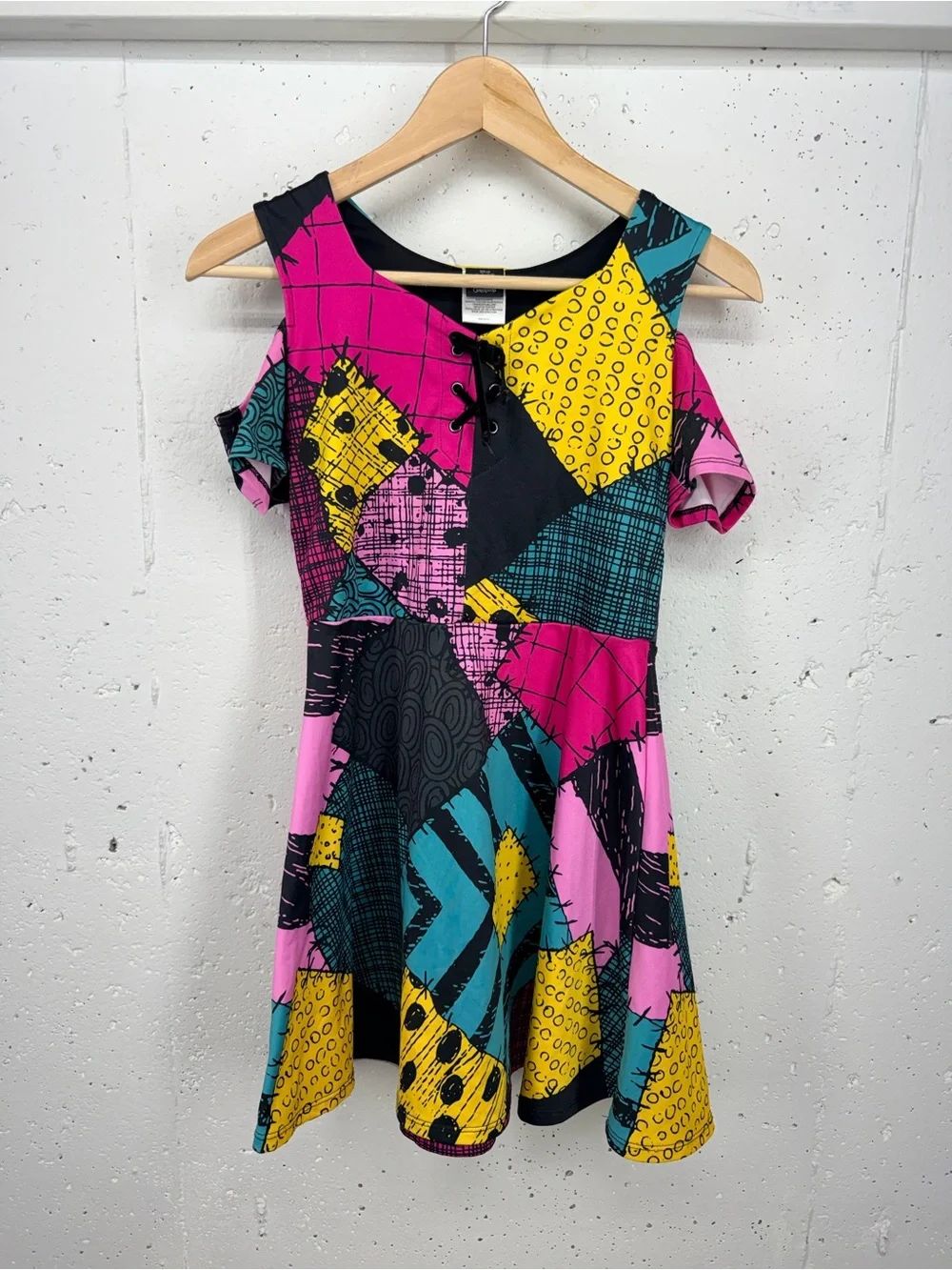 Disney Nightmare Before Christmas Kids Large Sally Cold Shoulder Patchwork Dress